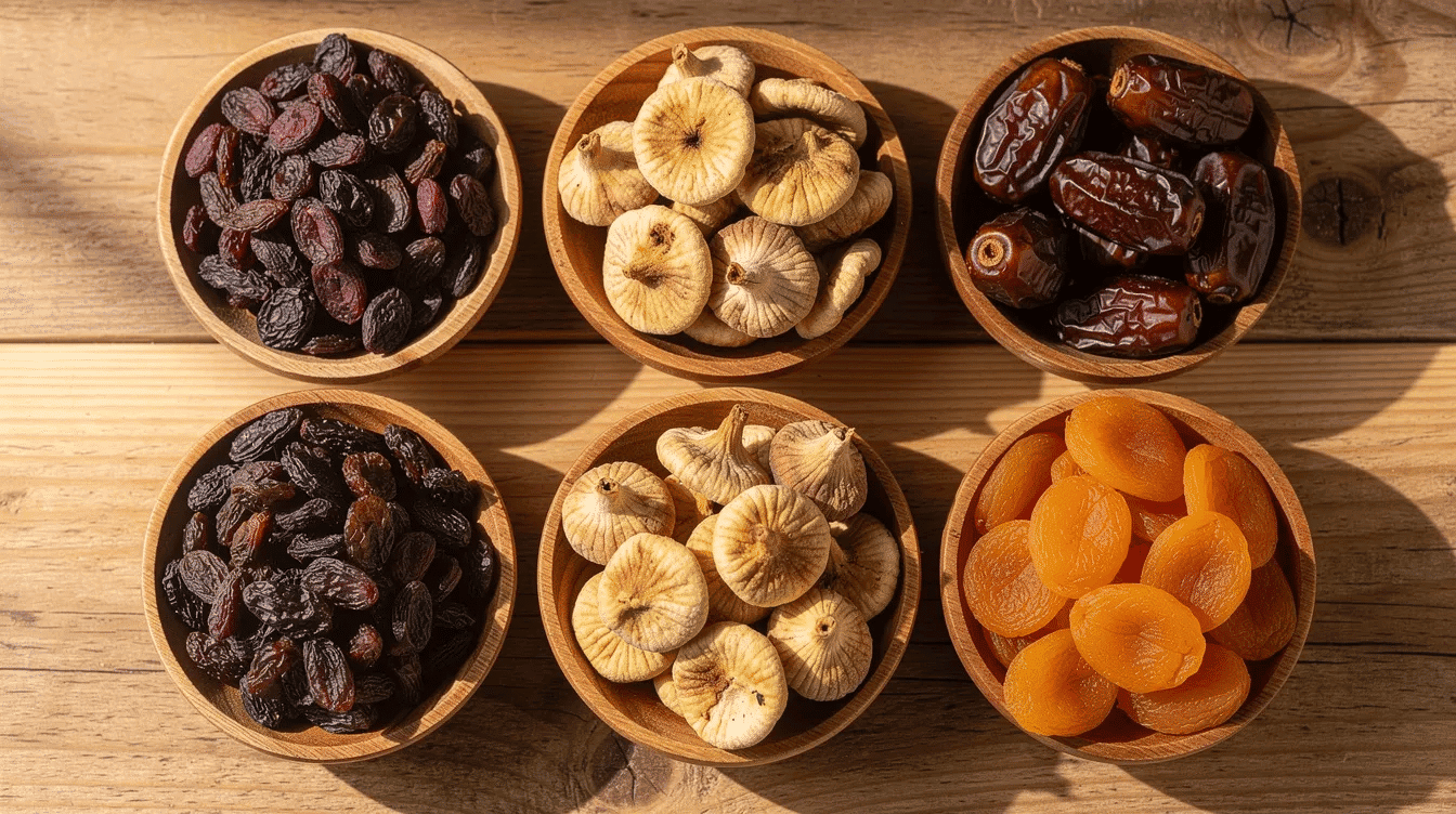 A vibrant assortment of dry fruits including raisins, medjool dates, dried figs, and bright orange dried apricots is beautifully arranged in small wooden bowls, showcasing their rich colors and textures. These nutrient-dense snacks are not only delicious but also offer numerous health benefits, making them a perfect addition to a healthy diet.