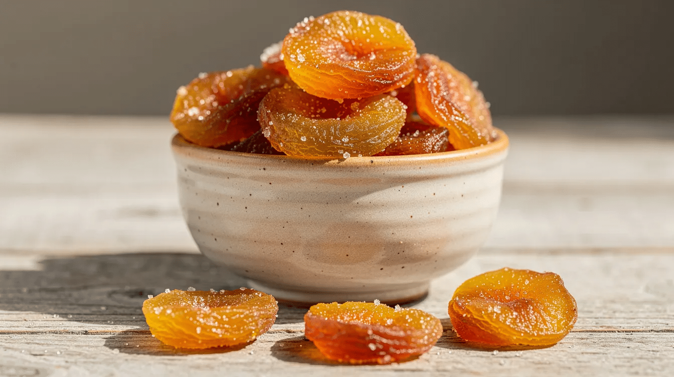 The image shows a jar filled with vibrant, candied dried peaches, showcasing their sweet, sticky texture. These delicious treats are perfect for snacking, adding to trail mixes, or decorating cakes.