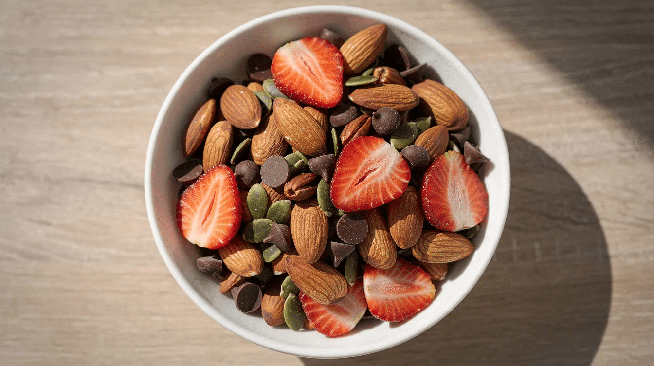 The image shows a vibrant ceramic bowl filled with a colorful trail mix that includes dried strawberry pieces, almonds, dark chocolate chips, and pumpkin seeds, highlighting the delicious combination of dehydrated strawberries and nuts. This nutritious snack is perfect for enjoying at any time of day.
