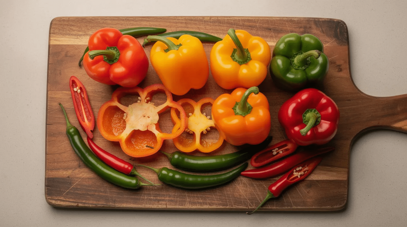 The image showcases a vibrant arrangement of fresh bell peppers and chili peppers on a wooden cutting board, highlighting their various colors and shapes. This colorful display suggests the potential for delicious recipes, such as dehydrating peppers for use in spice blends or hot sauce.