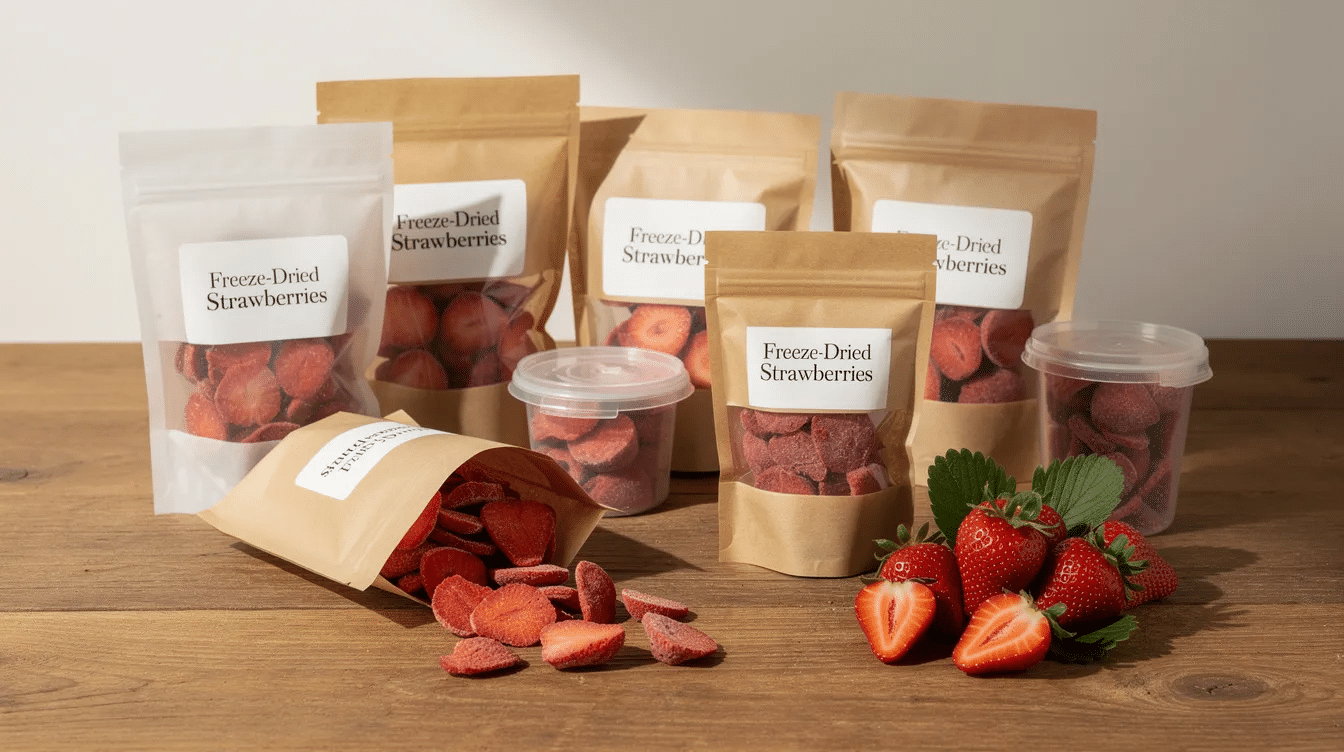 The image features assorted packages of dehydrated and freeze-dried strawberries arranged on a wooden surface, accompanied by fresh strawberries nearby. These healthy snacks provide a nutritious option for fruit lovers, perfect for baking, smoothies, or enjoying as a crispy treat.