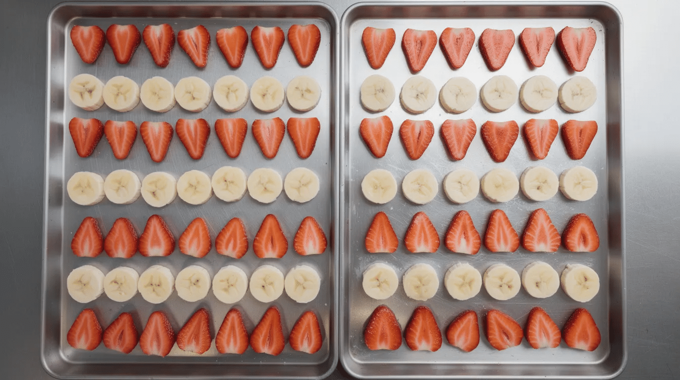 The image shows neatly arranged rows of sliced bananas and halved strawberries on metal freeze dryer trays, showcasing the freeze drying process used for preserving fresh fruit. This method allows for the creation of freeze dried fruit products with a long shelf life, making them ideal for snacks and trail mixes.