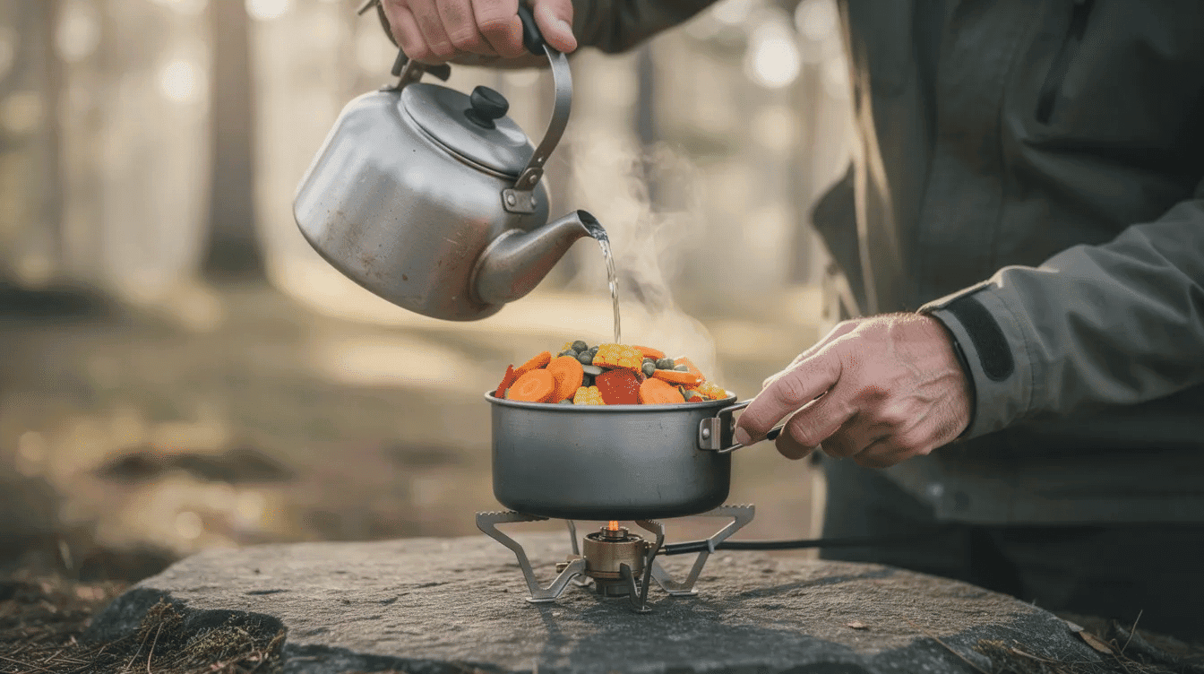 A person is pouring boiling water from a kettle into a camping pot filled with an assortment of colorful dehydrated vegetables, such as carrots and green beans, demonstrating how to prepare dehydrated meals for outdoor cooking. This process highlights the convenience and nutritional value of using dehydrated food for backpacking meals.