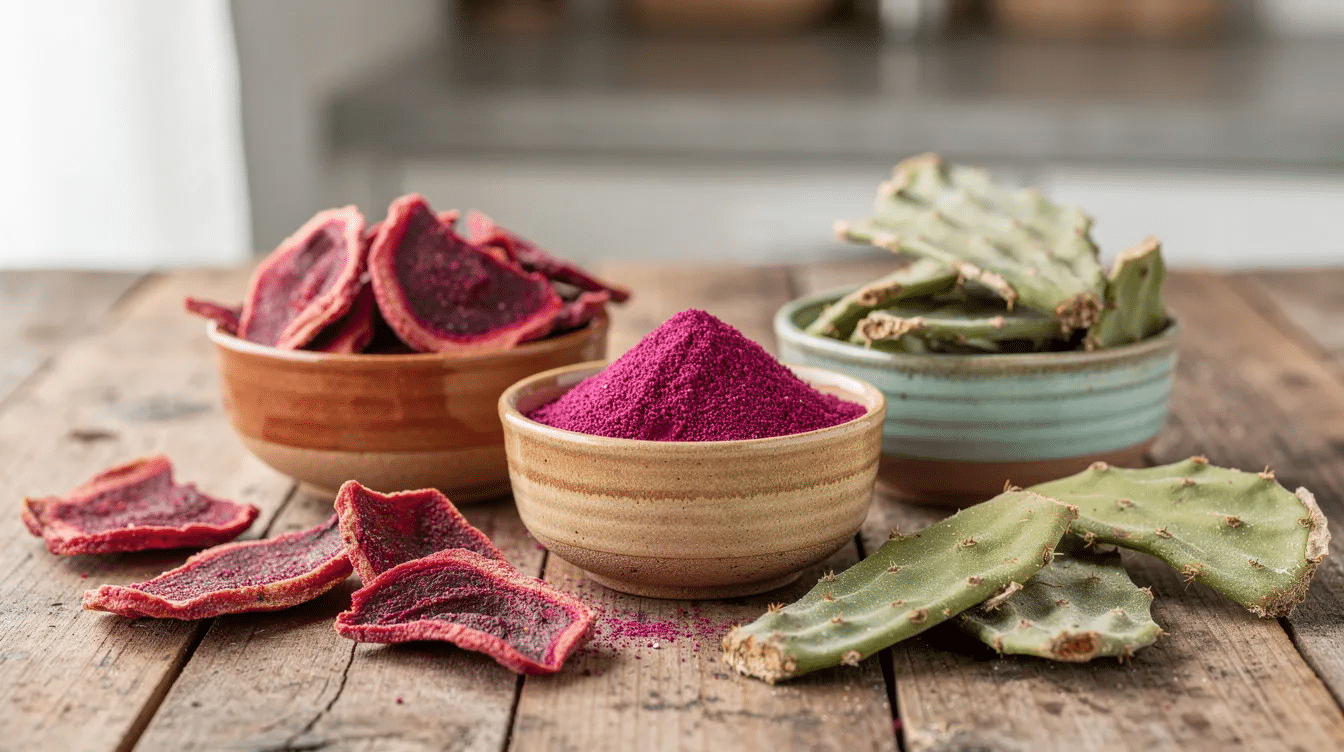 The image showcases an assortment of dried prickly pear products, including vibrant slices, fine powder, and crispy pad chips, all beautifully arranged in ceramic bowls. This display highlights the sweet taste and subtle flavor of the prickly pear cactus fruit, making it an appealing choice for adding flavor and health benefits to various dishes.