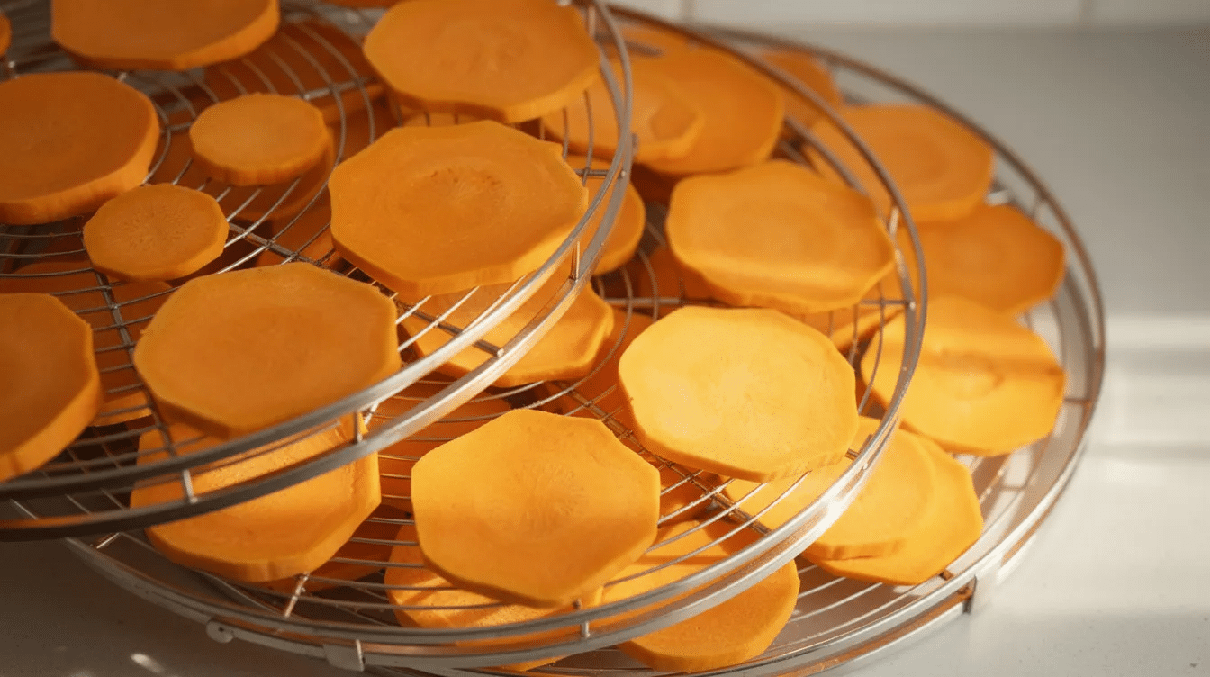 Thin circular slices of pumpkin are neatly arranged on metal dehydrator trays, ready for drying. These slices can be used in various delicious pumpkin recipes, such as pumpkin pie or pumpkin muffins.