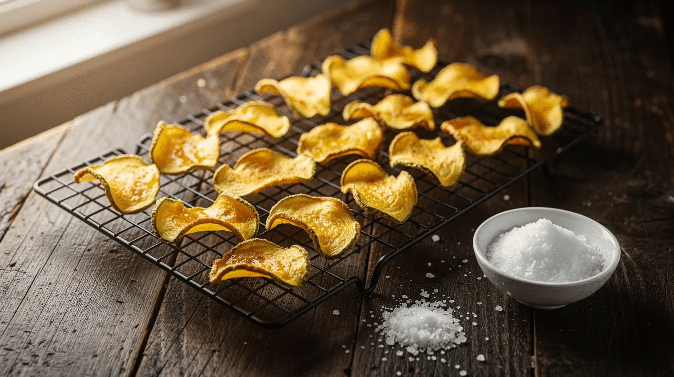Golden fried squash chips, made from thin slices of yellow squash and zucchini, are arranged on a wire cooling rack, with a small bowl of salt placed nearby for seasoning. These crispy snacks are perfect for enjoying as a tasty treat or adding to meals for extra flavor.