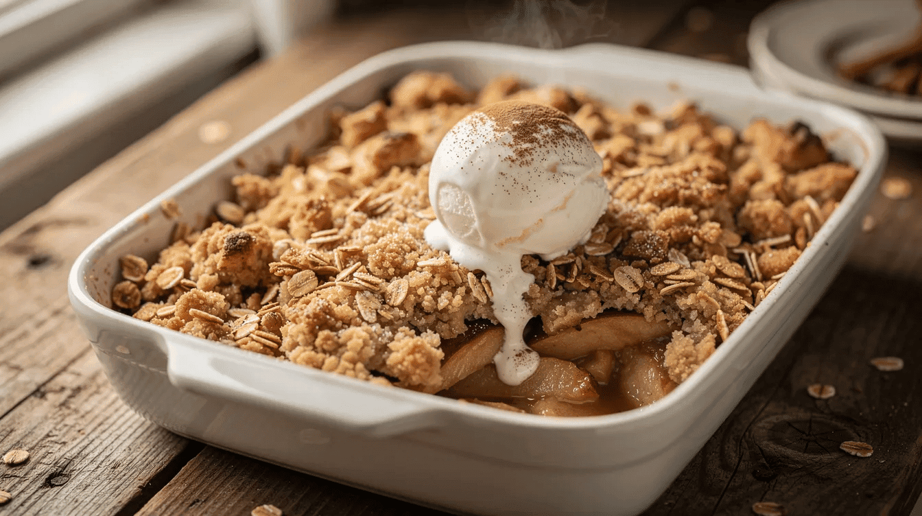 A golden-brown apple crisp sits in a baking dish, topped with a melting scoop of vanilla ice cream, creating a perfect cozy dessert for chilly fall nights. This comforting dish combines sweet and rich flavors, making it an ideal treat for the fall season.