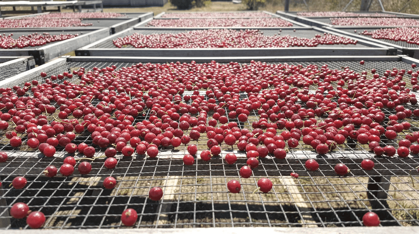Fresh red berries, including cherries, are spread out on mesh drying trays under bright sunlight in an open-air setting, showcasing the drying process that transforms them into delicious dried fruit. This vibrant display highlights the natural sweetness and health benefits of these fruits, making them a convenient snack option.