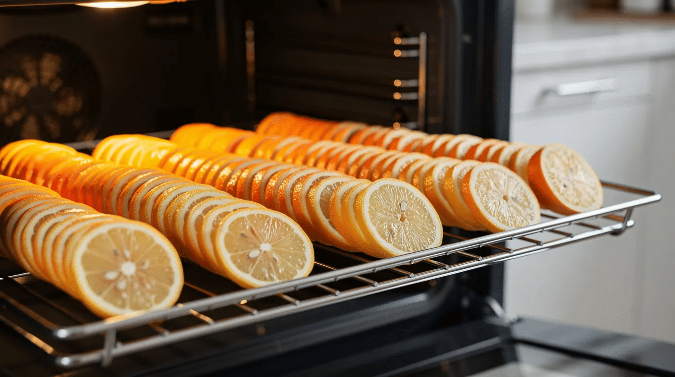 Slices of orange and lemon are neatly arranged in rows on a wire oven rack inside an open oven, ready to be dried for use in decorations like wreaths or potpourri. The vibrant colors of the fruit slices contrast beautifully with the metallic rack, creating a lovely display of natural elements.