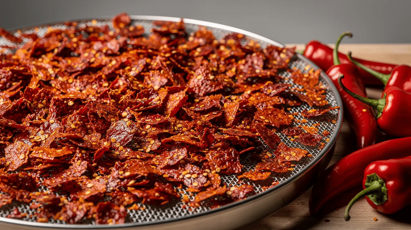 The image features a close-up view of dried red hot sauce flakes spread across a dehydrator tray, with whole fresh peppers placed alongside. The vibrant colors of the flakes and peppers highlight the ingredients used to create a flavorful and spicy seasoning, perfect for enhancing dishes like chicken or vegetables.