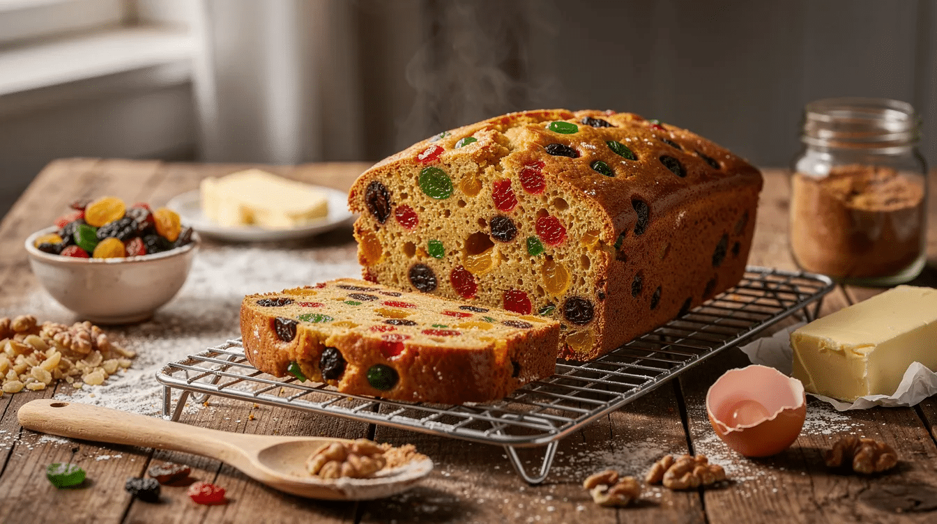 A freshly baked fruitcake loaf, studded with colorful dried fruit such as golden raisins, cranberries, and apricots, sits on a cooling rack surrounded by scattered ingredients. The loaf showcases a chewy texture and natural sweetness, making it a delicious addition to any dessert spread or healthy snack option.