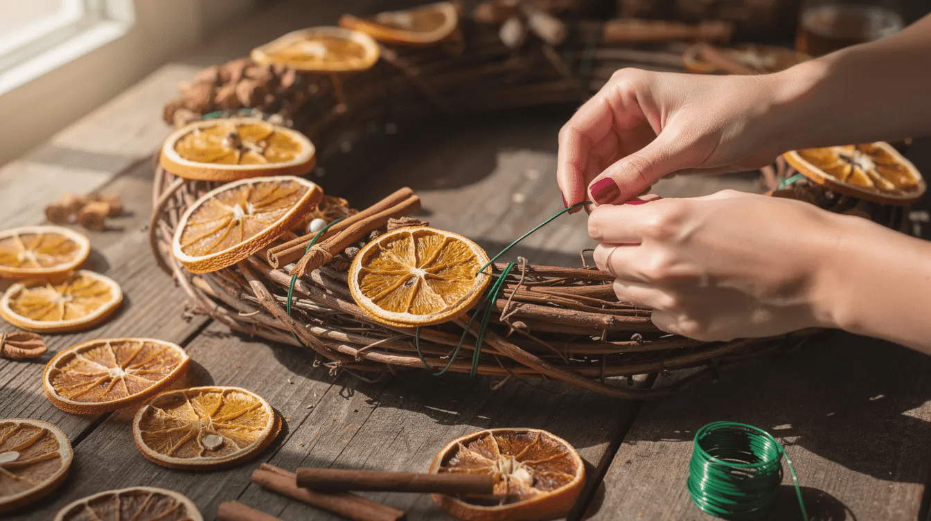 A pair of hands carefully attach dried orange slices and cinnamon sticks onto a grapevine wreath base using green florist wire, creating a beautiful Christmas wreath adorned with natural elements. The arrangement showcases the lovely textures and colors of dried fruits, enhancing the festive decorations.