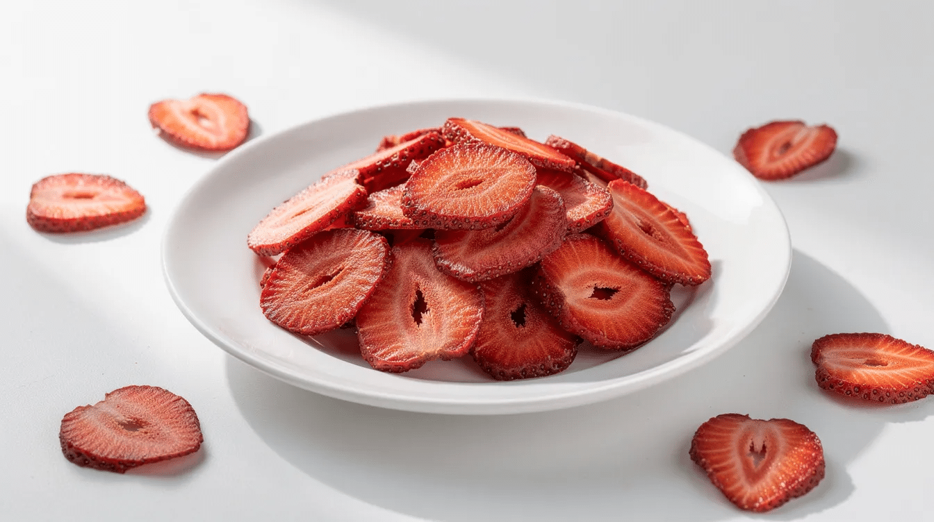 The image features a bag of freeze-dried strawberries, showcasing their vibrant red color and crispy texture, making them a delicious and nutritious snack option. These dehydrated strawberries are perfect for adding to cereals, smoothies, or enjoying straight out of the bag as a healthy treat.