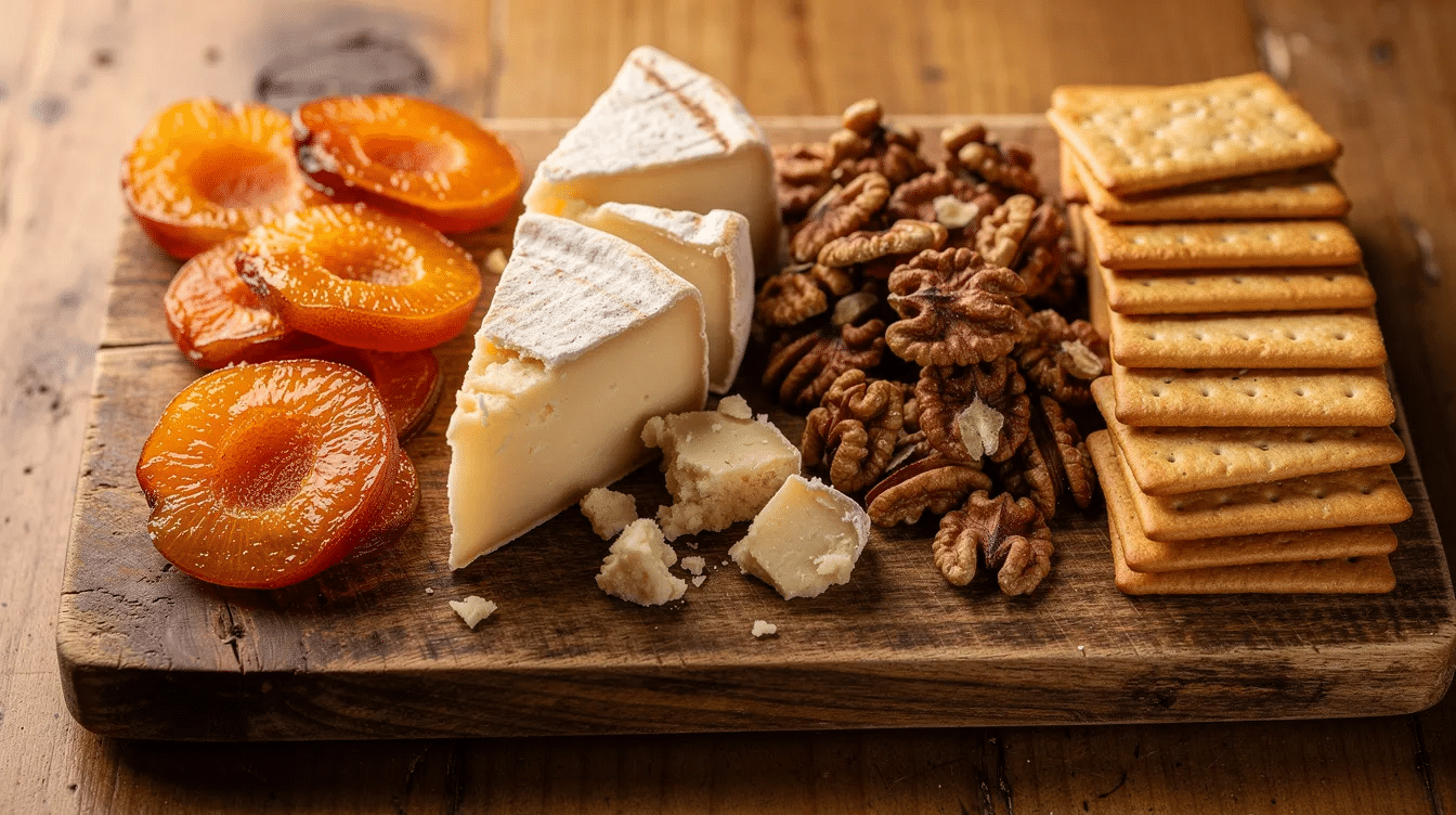 The image features a wooden cheese board beautifully arranged with slices of candied dried peaches, wedges of aged cheese, walnuts, and an assortment of crackers, creating a delightful spread for snacking or entertaining. The vibrant colors and textures of the candied fruit and cheese complement each other, making it an appetizing display.