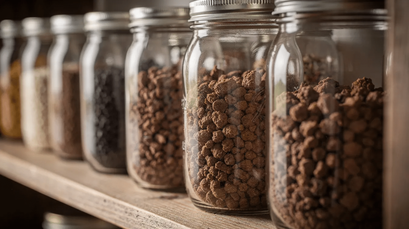 September 14, 2026 | The image shows several glass mason jars filled with small, dehydrated ground beef crumbles, neatly arranged on a wooden pantry shelf. This setup highlights the dried meat's storage, emphasizing the convenience of using dehydrated ground beef for long-lasting meals.