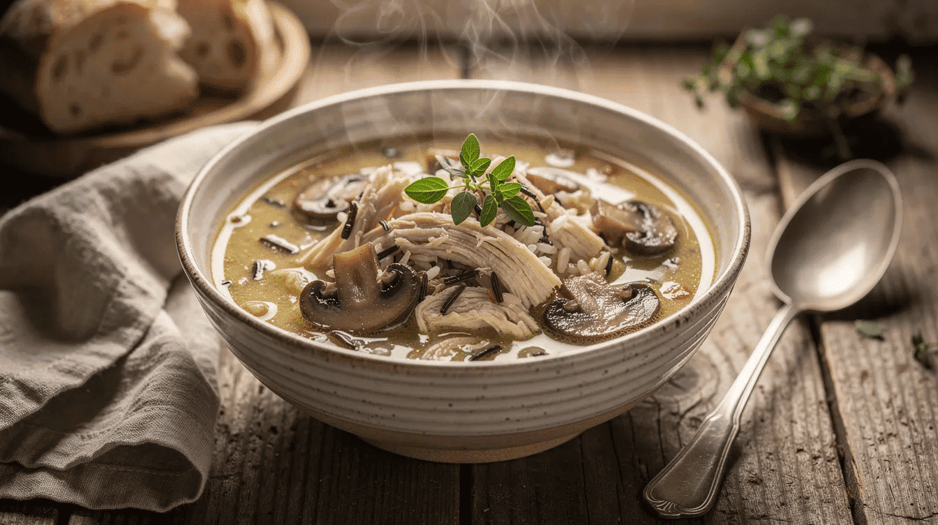 A steaming bowl of chicken and wild rice soup with mushrooms sits on a rustic table, exuding warmth and comfort. This delicious dish is perfect for fall, featuring tender chicken and a creamy mushroom sauce, making it an ideal choice for cozy meals.