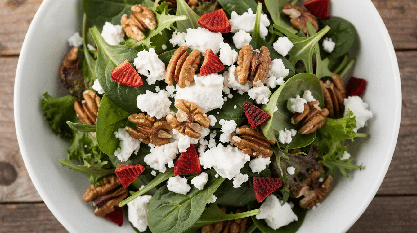 The image features a vibrant salad composed of mixed greens topped with crumbled white cheese, walnuts, and pieces of dried strawberries, showcasing a delightful combination of textures and flavors. This colorful dish is perfect for anyone looking to explore additional possibilities for using dehydrated strawberries in their meals.