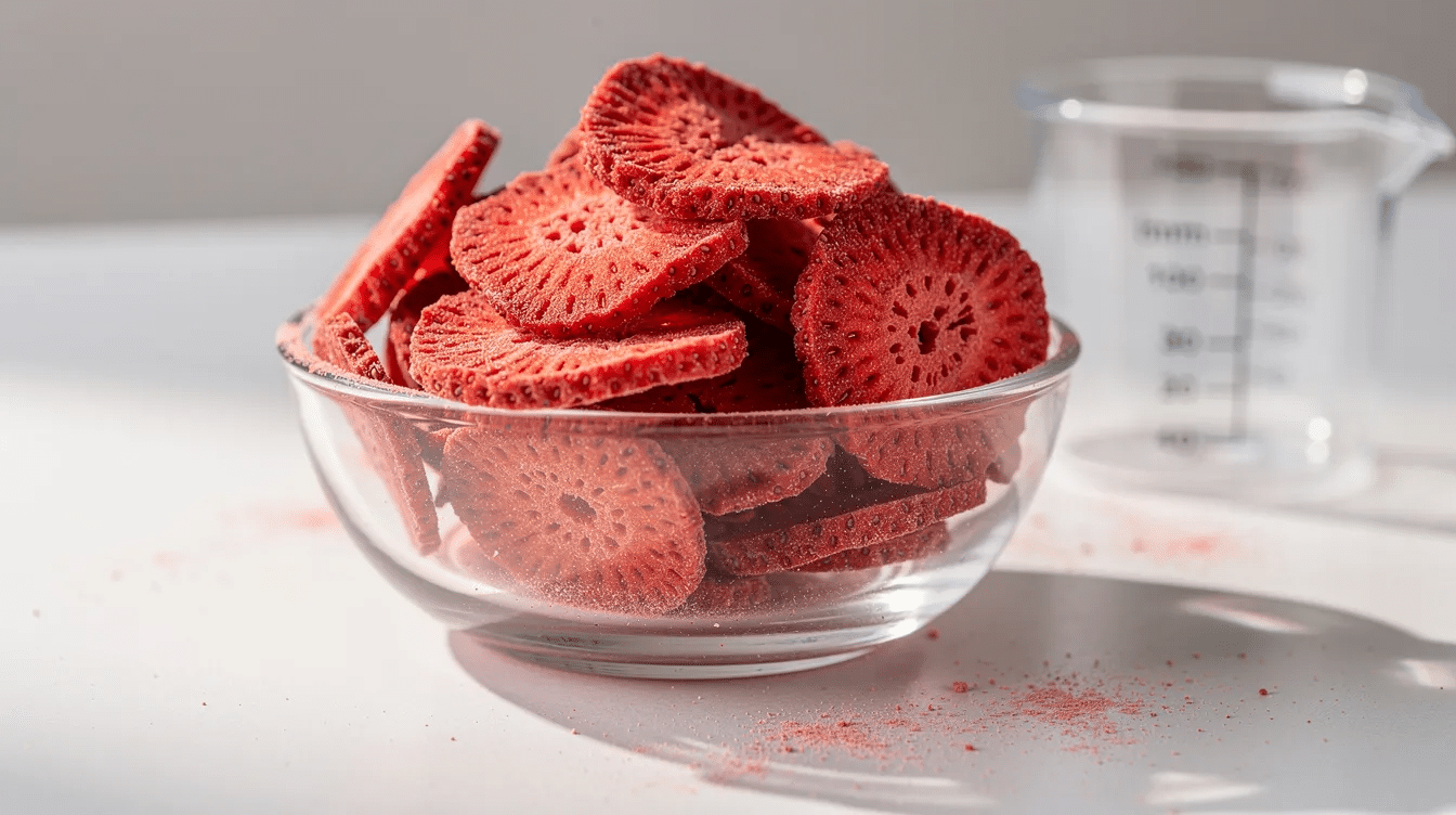 A close-up view shows crispy freeze-dried strawberry slices arranged in a glass bowl, highlighting their vibrant red color and texture, alongside a measuring cup. These nutritious dried strawberries make for a delicious and healthy snack option, perfect for adding to smoothies, cereals, or baking recipes.