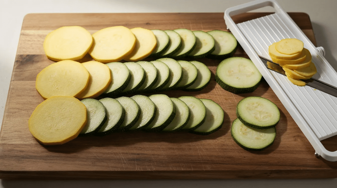 The image features an assortment of yellow squash and zucchini slices arranged neatly on a wooden cutting board, with a mandoline slicer positioned next to them, ready for creating thin slices perfect for making crispy zucchini chips or dehydrated summer squash snacks.