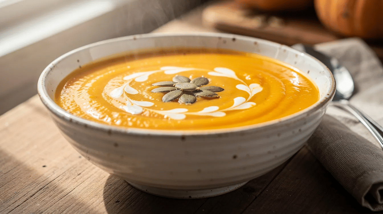 A ceramic bowl is filled with bright orange pumpkin soup, beautifully garnished with roasted seeds and a swirl of cream, showcasing a delicious pumpkin recipe perfect for fall. The creamy texture and rich flavor make it an inviting dish for a cozy dinner or lunch.