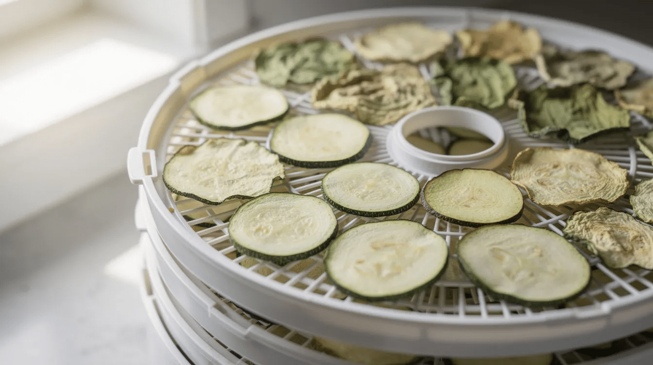 The image features multiple round dehydrator trays filled with thin zucchini rounds, showcasing various stages of drying from fresh to nearly dried. This visual illustrates the process of how to dehydrate zucchini for use in recipes like zucchini chips or zucchini bread.